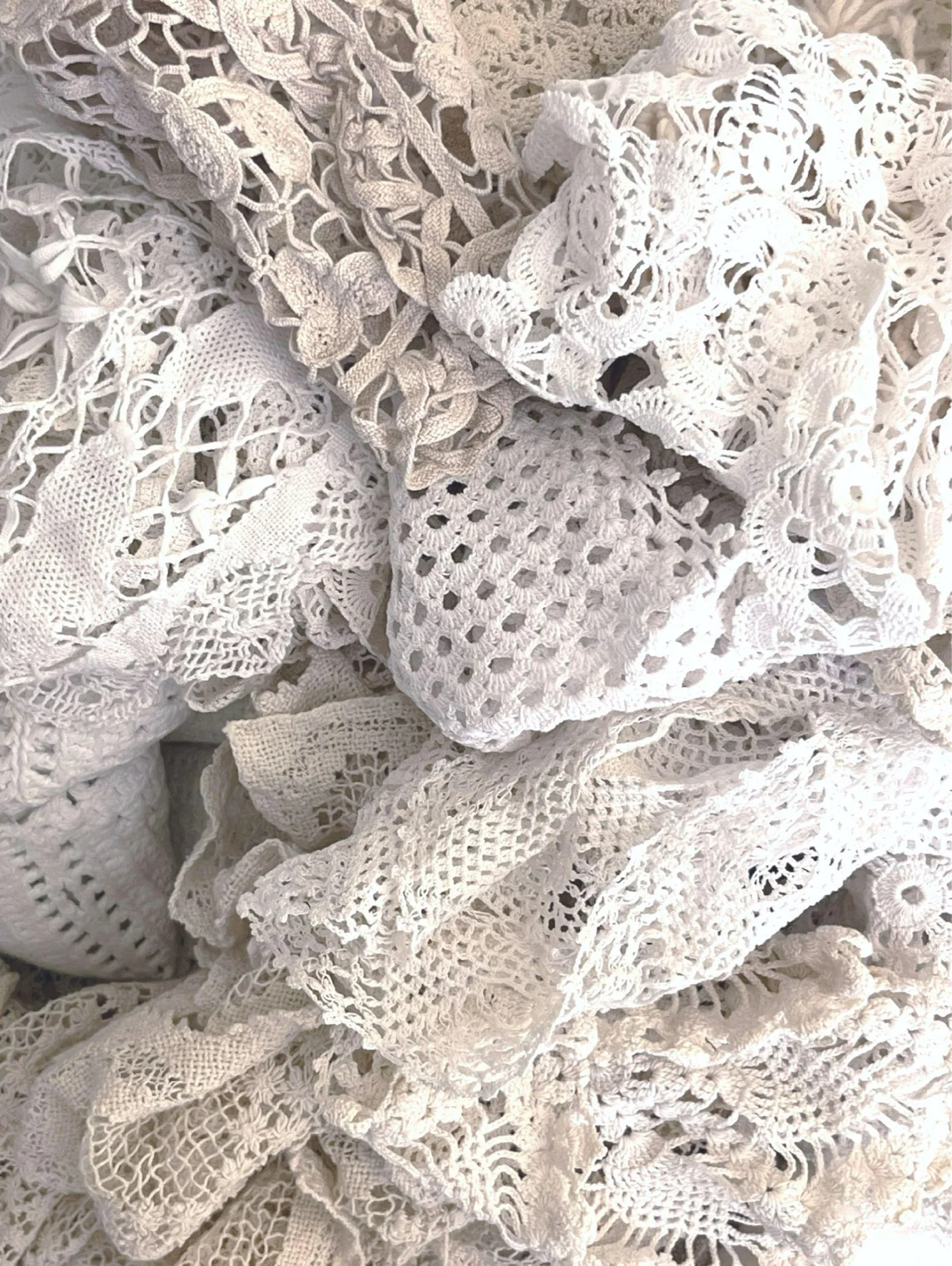 Gathered lace and patterned fabric in close detail