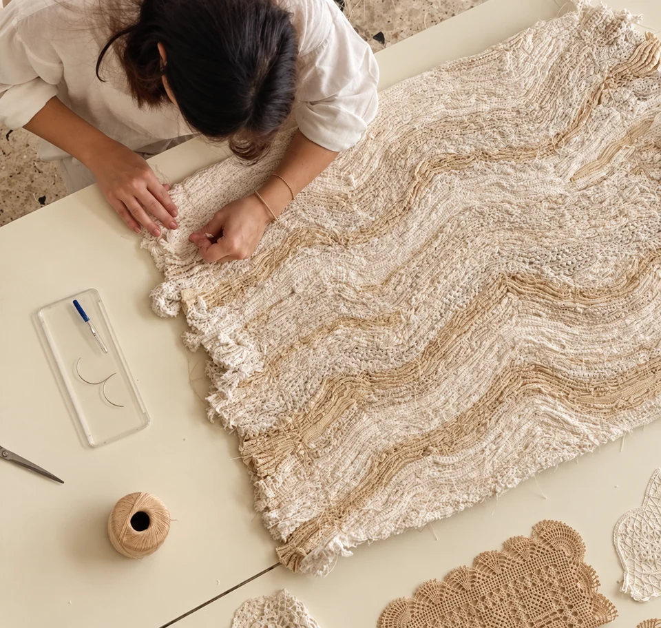 Hara working by hand on a textured textile in her studio