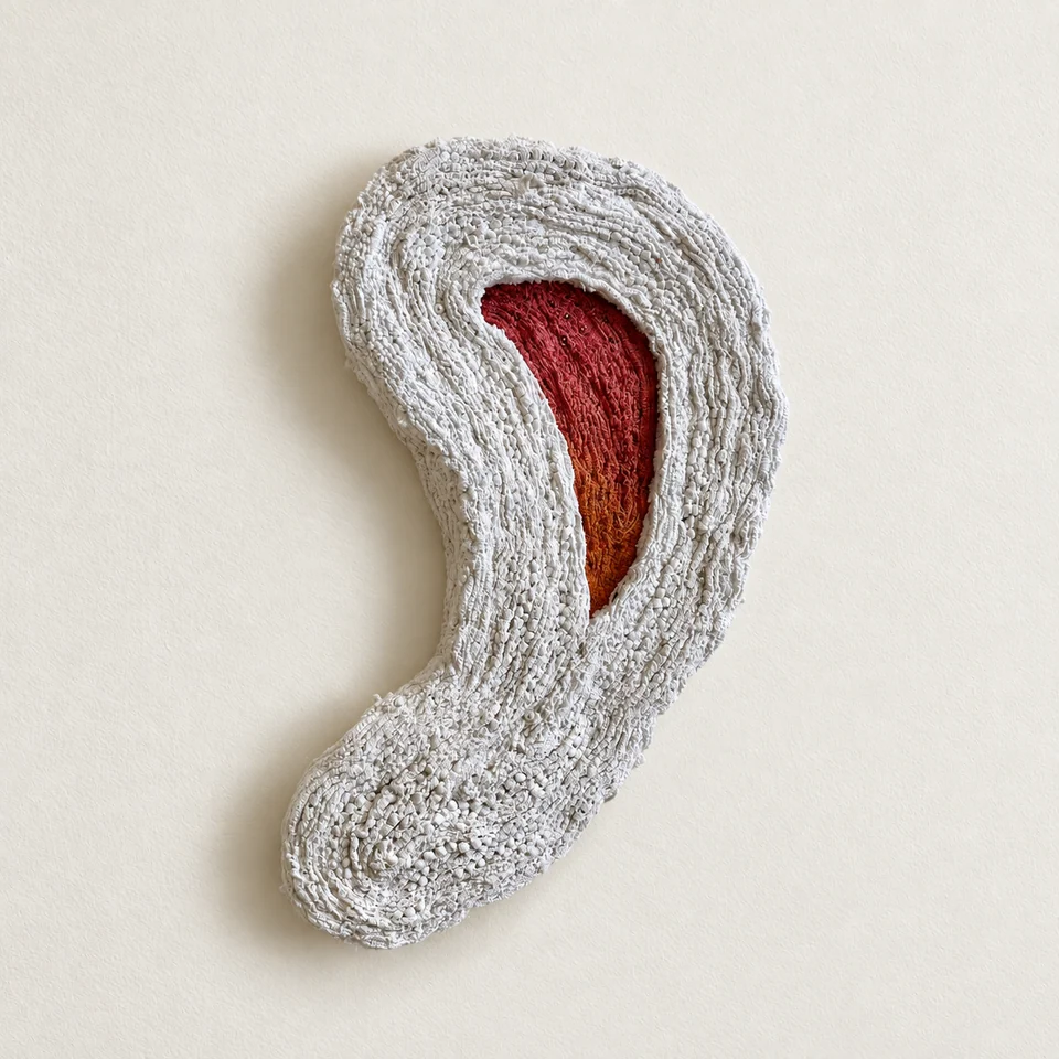 Curved white textile with a red and ochre centre